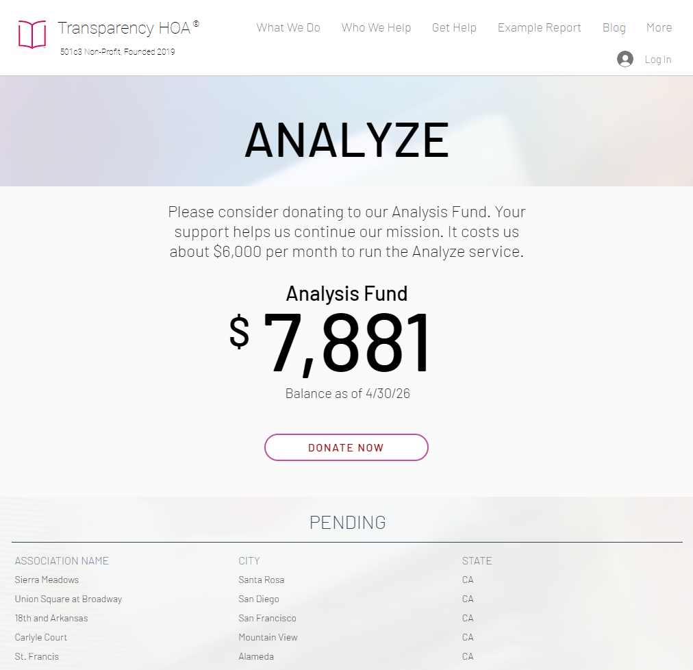 Transparency HOA Analyze Queue: fund balance, monthly cost, Donate Now, and pending associations